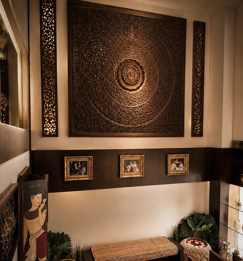 The stairway and carved teak panel at Ananda Boutique Health Spa